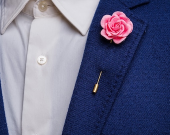 Structured Pink Wide-Open Floral Boutonniere with Golden/Silver Needle - Many Colors Available, Suitable for Parties/Special Events/Everyday