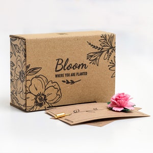 May include: A brown cardboard box with a floral design and the text "Bloom Where You Are Planted". A pink carnation flower is on top of a brown card.