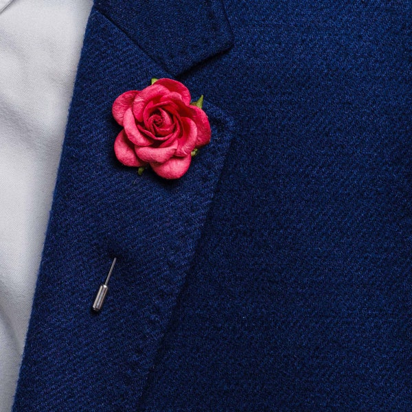 Cherry Rose Boutonniere, Wedding Event Brooch, Stick Pin for Lapel, Flower Buttonhole, Dark Red Boutonniere, Groomsmen Gift, Bridal Lapel