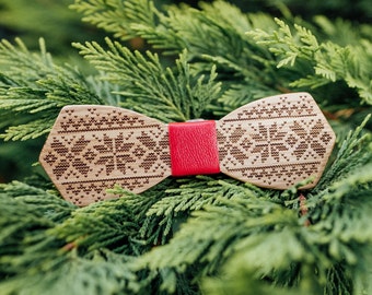 Christmas Accessories for Him, Snowflake Wooden Bow Tie, Wood & Leather Bowtie, Husband Xmas Bowtie, Geometric Wood Bow Tie, Secret Santa