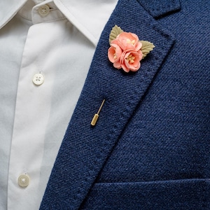 Peach Wedding Boutonniere for Groom - Paper Flower Lapel Pin with 3 Small Flowers