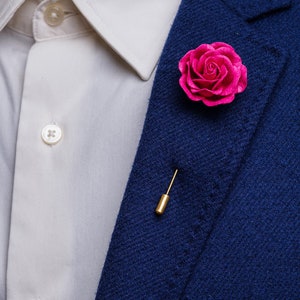 Elegant Blossoming Bright Fuchsia Rose Pin for Wedding Guests, Unique Men Suit Accessories, Lapel Stick Pin with Flower, Magnet Suit Pin image 3