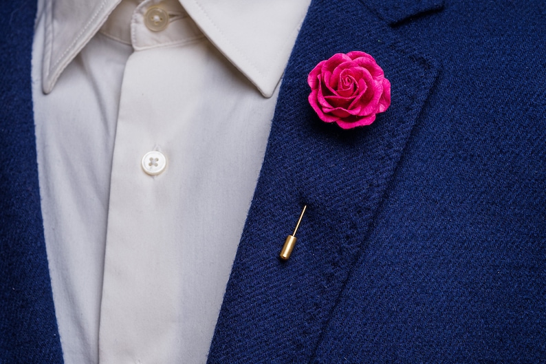 Elegant Blossoming Bright Fuchsia Rose Pin for Wedding Guests, Unique Men Suit Accessories, Lapel Stick Pin with Flower, Magnet Suit Pin image 3