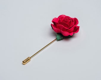 Lily-Like Paper-Made Rose Stick Pin, Wedding Boutonniere for Men, Formal Stylish Buttonhole, Bright Red Floral Men Jewelry for Tuxedo