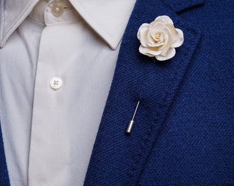 Classic White Paper Rose Flower Lapel Pin for Him - Wedding Day Buttonhole, Formal Event Stick Pin, Gentleman Dressy Suit Accessories