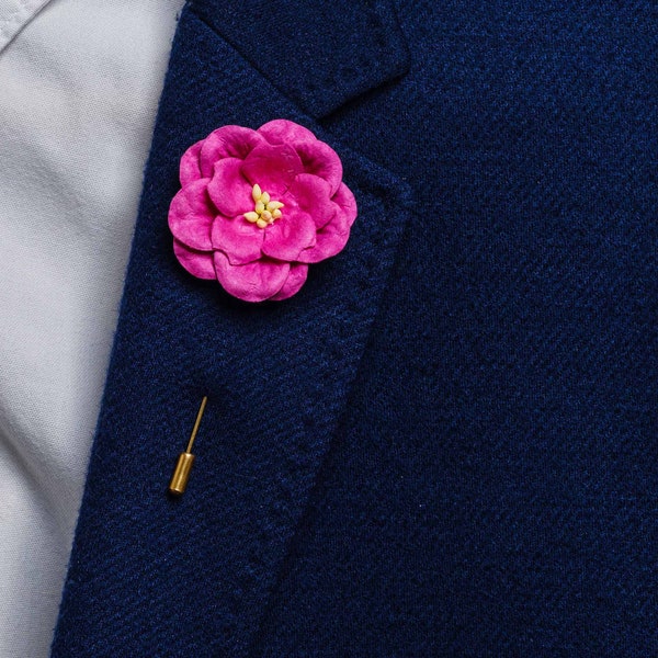 Bright Fuchsia Lapel Brooch, Magenta Men's Suit Pin, Flower Lapel for Him, Wedding Boutonniere, Rich Pink Stick Pin, Small Men Gift Under 20