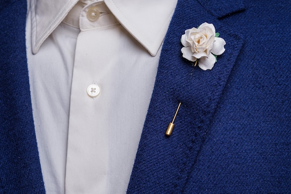 White Rose Lapel Pin, Boutonniere for Men, Rose Flower Groom Pin