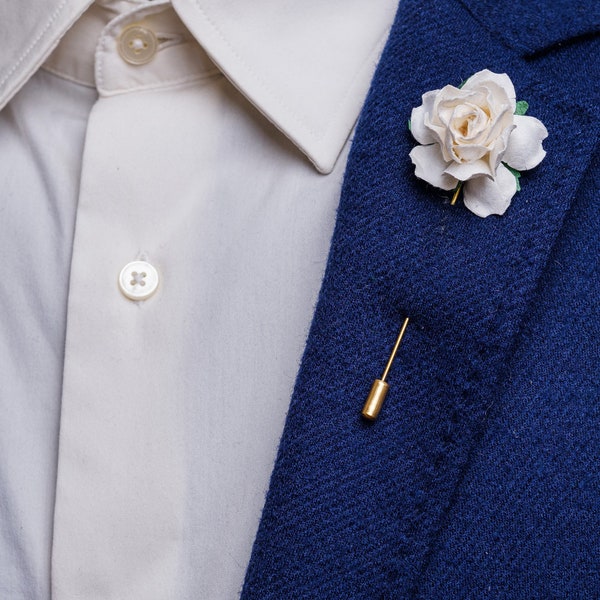 White Rose Lapel Pin, Boutonniere for Men, Rose Flower Groom Pin, Unique Suit Brooch, Modern Stick Pin Boutonniere, Curly Festive Buttonhole