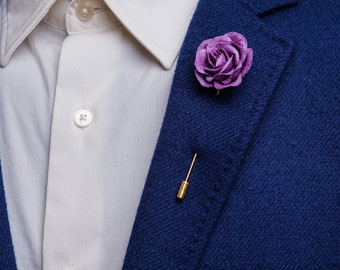 Rich Purple-Colored Floral Boutonniere, Father of The Bride Stick Pin, Suit Brooch Pin, Rose Flower for Lapel, Layered Japanese-Inspired Pin