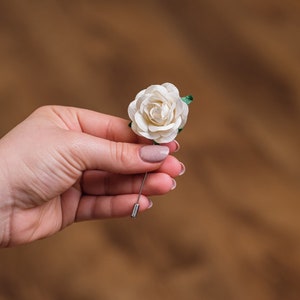 Gentle Ivory Rose Stick Pin with Small Green Leaves, Prom Boutonniere, Summer Blooming Stick Pin, Unique Men Accessories, Flower for Lapel image 3