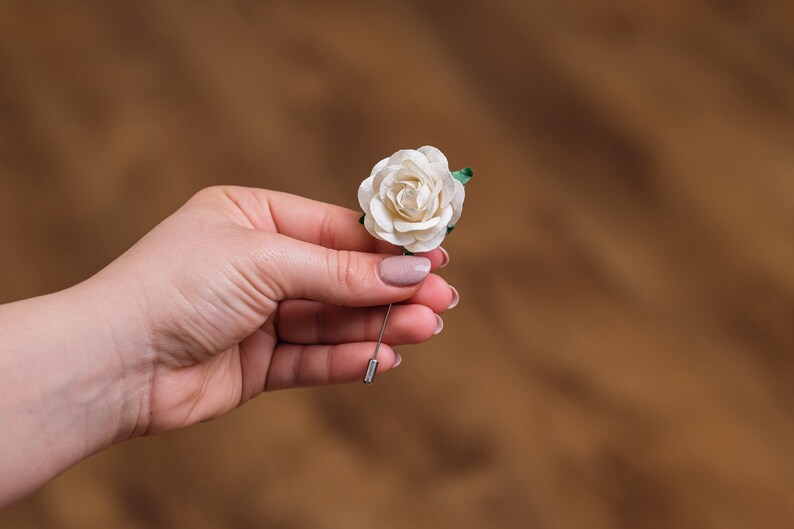 Gentle Ivory Rose Stick Pin with Small Green Leaves, Prom Boutonniere, Summer Blooming Stick Pin, Unique Men Accessories, Flower for Lapel image 3