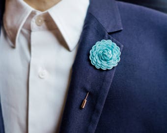 Light Blue Lapel Flower Pin, Large Size Wedding Pin, Men Suit Brooch, Formal Accessories for Him, Swirl Curly Gerbera Flower Pin, Suit Gift