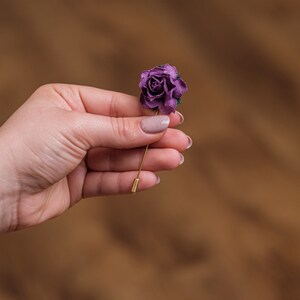 Deep Purple Geometric Rose Stick Pin for Lapel, Summer Wedding Boutonniere, Men Suit Accessories, Paper-Made Eco-Friendly Floral Brooch Pin image 3