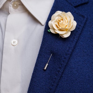 Gentle Rose Metal Stick Pin Made from Paper, Ecru & Many Other Colors Available, Chunky Lapel Flower, Prom Gift for Him, Stylish Men Brooch image 1