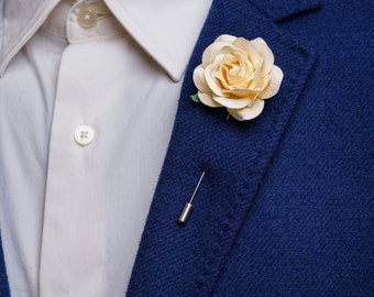 Gentle Rose Metal Stick Pin Made from Paper, Ecru & Many Other Colors Available, Chunky Lapel Flower, Prom Gift for Him, Stylish Men Brooch