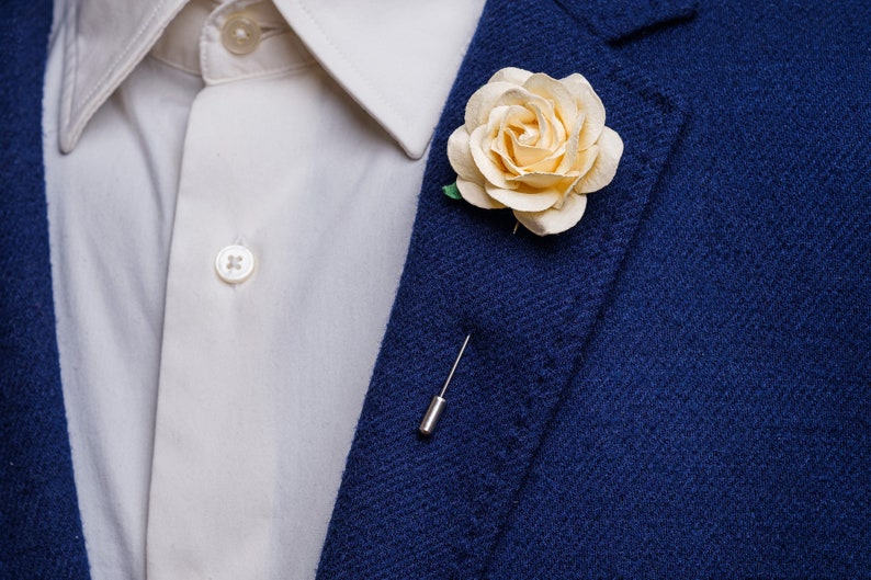 Gentle Rose Metal Stick Pin Made from Paper, Ecru & Many Other Colors Available, Chunky Lapel Flower, Prom Gift for Him, Stylish Men Brooch image 1