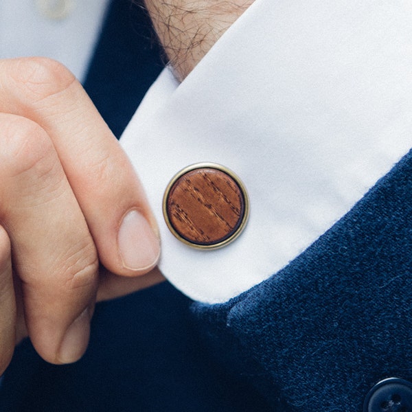 Caramel Wooden Cufflinks, Stylish Minimalist Cufflinks, Engraved Gift for Him, Personalized Vintage Style Brass Cufflinks