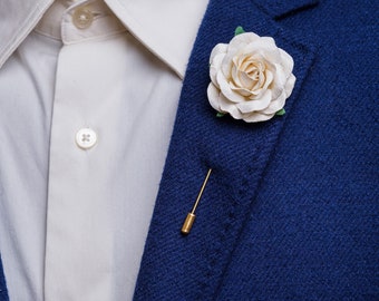 Creamy White Large Rose Brooch for Men, Wedding Guest Lapel Pin, Formal Event Stick Pin, Groomsmen Buttonhole, Unique Men Gift for Him