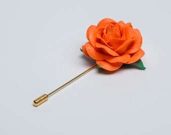 Beautiful Solid Orange Buttonhole for Lapel, Flower Paper-Made Boutonniere, Summer Wedding Guest Pin Accessory, Stylish Men Brooch Pin