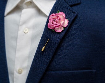 Accent Lapel Pin for Men Suit in Fuschia Color with Golden or Silver backing - Paper Flower Rose Brooch Pins, Gift for Husband, Berry Color