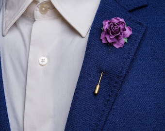 Deep Purple Geometric Rose Stick Pin for Lapel, Summer Wedding Boutonniere, Men Suit Accessories, Paper-Made Eco-Friendly Floral Brooch Pin