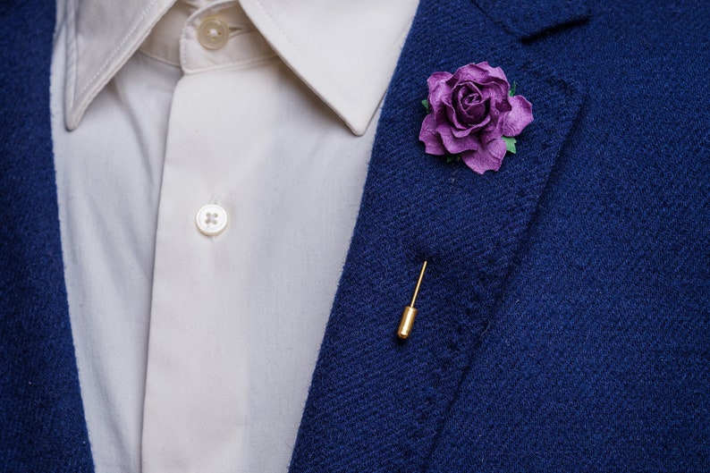 Deep Purple Geometric Rose Stick Pin for Lapel, Summer Wedding Boutonniere, Men Suit Accessories, Paper-Made Eco-Friendly Floral Brooch Pin image 1