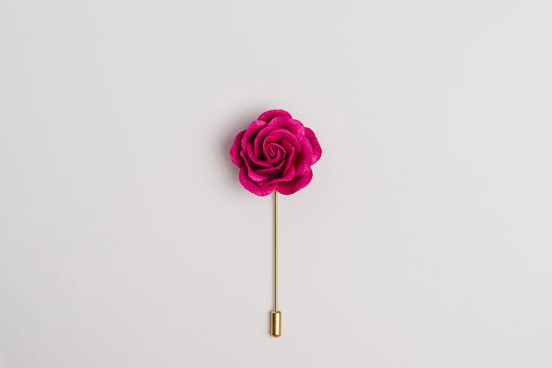 Elegant Blossoming Bright Fuchsia Rose Pin for Wedding Guests, Unique Men Suit Accessories, Lapel Stick Pin with Flower, Magnet Suit Pin image 2