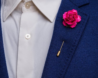 Rosa de acento grande para solapa de traje - Boutonniere fucsia, regalo portador de anillo, pin de solapa de padrinos de boda, broche de boda francés, pin de traje boho hombres