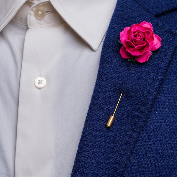 Grande rose pour revers de costume - boutonnière fuschia, cadeau pour porteur d'alliances, épinglette de garçons d'honneur, broche de mariage français, épingle à costume bohème pour hommes