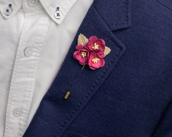 Burgundy Flower Pin, Dainty Lapel Pins Men, Suit Boutonniere, Recycled Flower Pin, Wedding Lapel Pin, Flower Brooch Pin, Groom Flower Pin