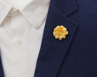 Gold Lapel Pin, Rose Flower Pin, Wedding Men Accessories, Golden Boutonniere Pin, Brooch Pin for Suit, Soft Fabric & Metal Boutonniere