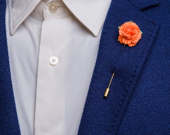 Bright Orange Prom Lapel Pin, Extravagant Small Carnation Boutonniere, Cute Colorful Stick Pin, Formal Suit Accessories for Men