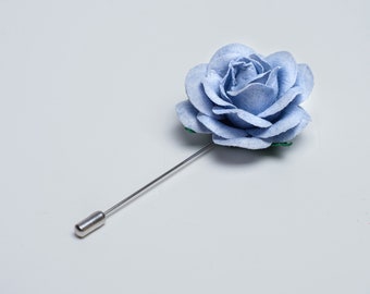 Light Blue Gentle Rose Boutonniere Pin, Wedding Guest Brooch Pin, Small Gift for Him, Stylish Coat Men Accessories, Chunky Rose Stick Pin