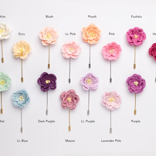 Spring Blooming Flowers Lapel Pins in MANY Colors - Peach, Blush, Light Pink, Purple, Mauve, Lavender Pink & Others - Wedding Boutonnieres