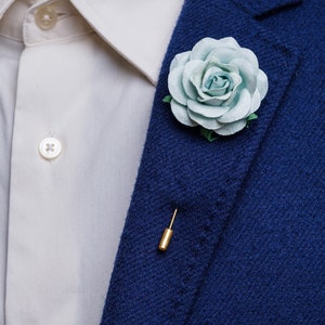 Baby Blue Big Rose Boutonniere for Formal Event, Wedding Lapel Pins in Many Colors Available, Gentle Paper-Made Floral Stick Pin for Men image 1