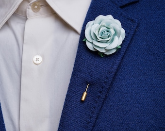 Baby Blue Big Rose Boutonniere for Formal Event, Wedding Lapel Pins in Many Colors Available, Gentle Paper-Made Floral Stick Pin for Men