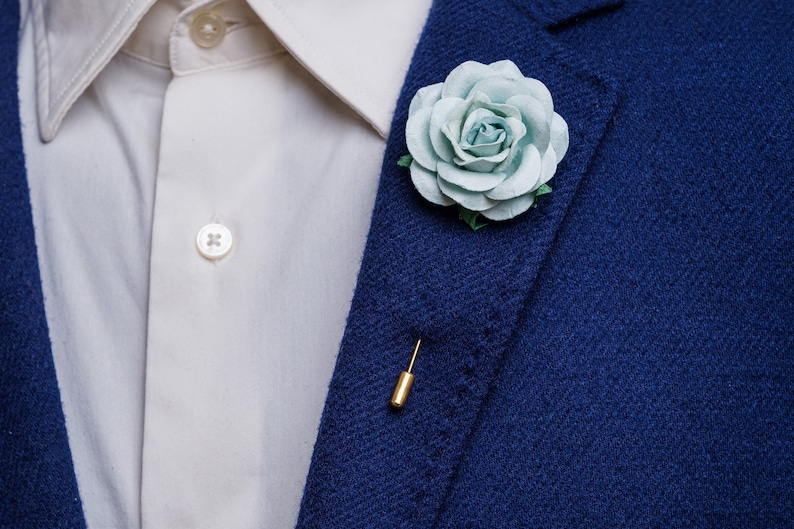 Baby Blue Big Rose Boutonniere for Formal Event, Wedding Lapel Pins in Many Colors Available, Gentle Paper-Made Floral Stick Pin for Men image 1