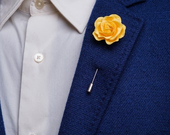 Yellow Flower Lapel Pin, Festive Blossoming Paper-Made Rose Boutonniere, Tuxedo Suit Accessories, Small Gift Under 20