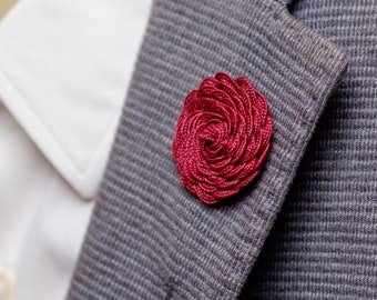 Rose Men Brooch, Large Flower Burgundy Lapel Pin, Swirl Boutonniere for Suit, Wedding Men Accessories, Husband Gift for Suit
