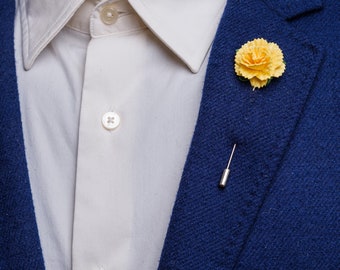 Blooming Sunny Yellow Carnation Buttonhole for Suit, Lapel Flower Stick Pin, Graduation Boutonniere, Paper-Made Metal Pin, Small Boss Gift