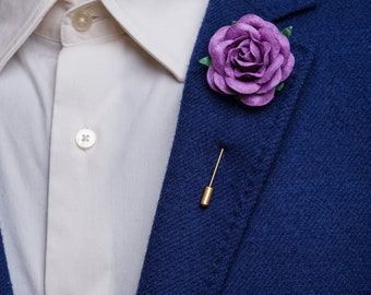 Chunky Fresh Purple Rose Boutonniere, Whimsical Wedding Lapel Stick Pin for Men, Wedding Guest Brooch Pin, Occasion Butterfly Clutch Pin