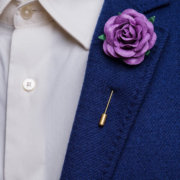 Grosse boutonnière rose pourpre fraîche, épinglette de mariage fantaisiste pour homme, broche invité de mariage, épingle de pochette papillon occasion