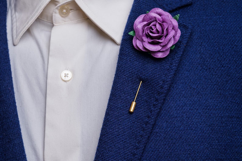 Chunky Fresh Purple Rose Boutonniere, Whimsical Wedding Lapel Stick Pin for Men, Wedding Guest Brooch Pin, Occasion Butterfly Clutch Pin image 1