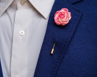 Pink Ombre Gentle Suit Rose for Him, Cottagecore Style Cocktail Event Lapel Pin, Gentleman's Pink & White Buttonhole with Gold/Silver Needle