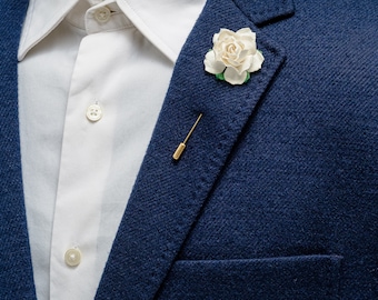 Ivory Rose Flower Lapel Pin for Weddings, Groom Suit Brooch, 7 Backing Options, Wedding Boutonniere, Elegant Suit Stick, Lapel Stick Pin