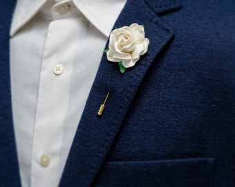 Ivory Rose Boutonniere, Ruffle Flower Brooch/Stick Lapel Pin, Wedding Buttonhole, Elegant Pin for Suit, Real Like Flower Pin, Groom Gift