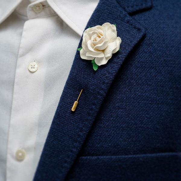 Ivory Rose Boutonniere, Ruffle Flower Brooch/Stick Lapel Pin, Wedding Buttonhole, Elegant Pin for Suit, Real Like Flower Pin, Groom Gift