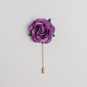 Chunky Fresh Purple Rose Boutonniere, Whimsical Wedding Lapel Stick Pin for Men, Wedding Guest Brooch Pin, Occasion Butterfly Clutch Pin image 2