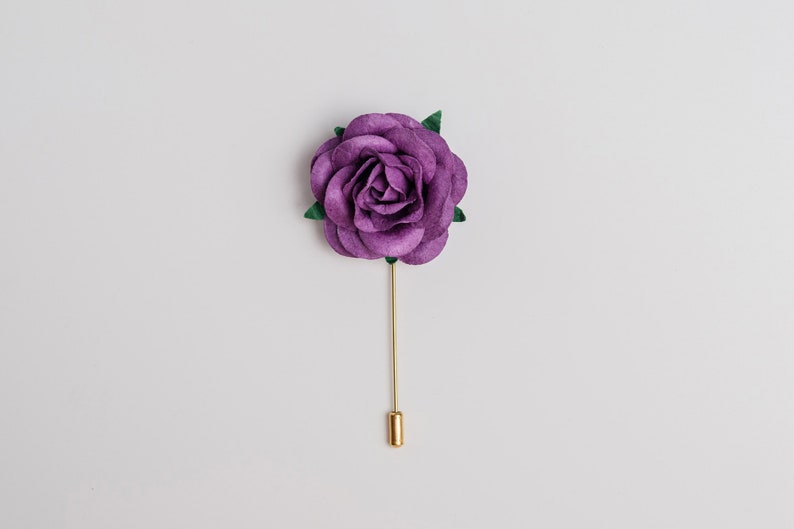 Chunky Fresh Purple Rose Boutonniere, Whimsical Wedding Lapel Stick Pin for Men, Wedding Guest Brooch Pin, Occasion Butterfly Clutch Pin image 2