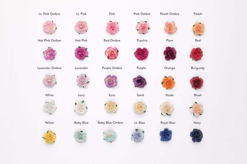 May include: A chart of 24 small fabric flower embellishments in various colors and ombre shades, including light pink, hot pink, red, lavender, purple, white, ivory, ecru, sand, nude, blush, yellow, baby blue, and navy.